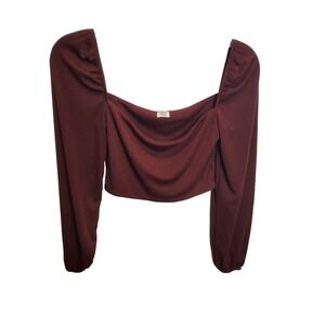 Sunday Best‎ Women's Ruched Long Sleeve Crop Top Square Neck Blouse Burgundy